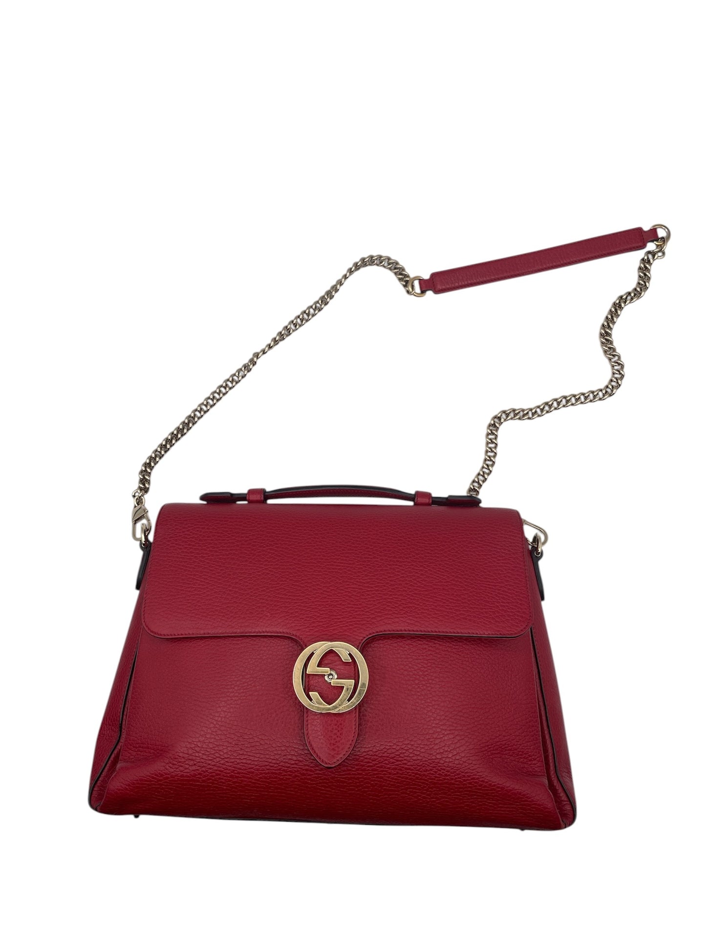 Gucci Pebbled Leather Shoulder Bag – Gold GG Clasp & Chain Strap - Red