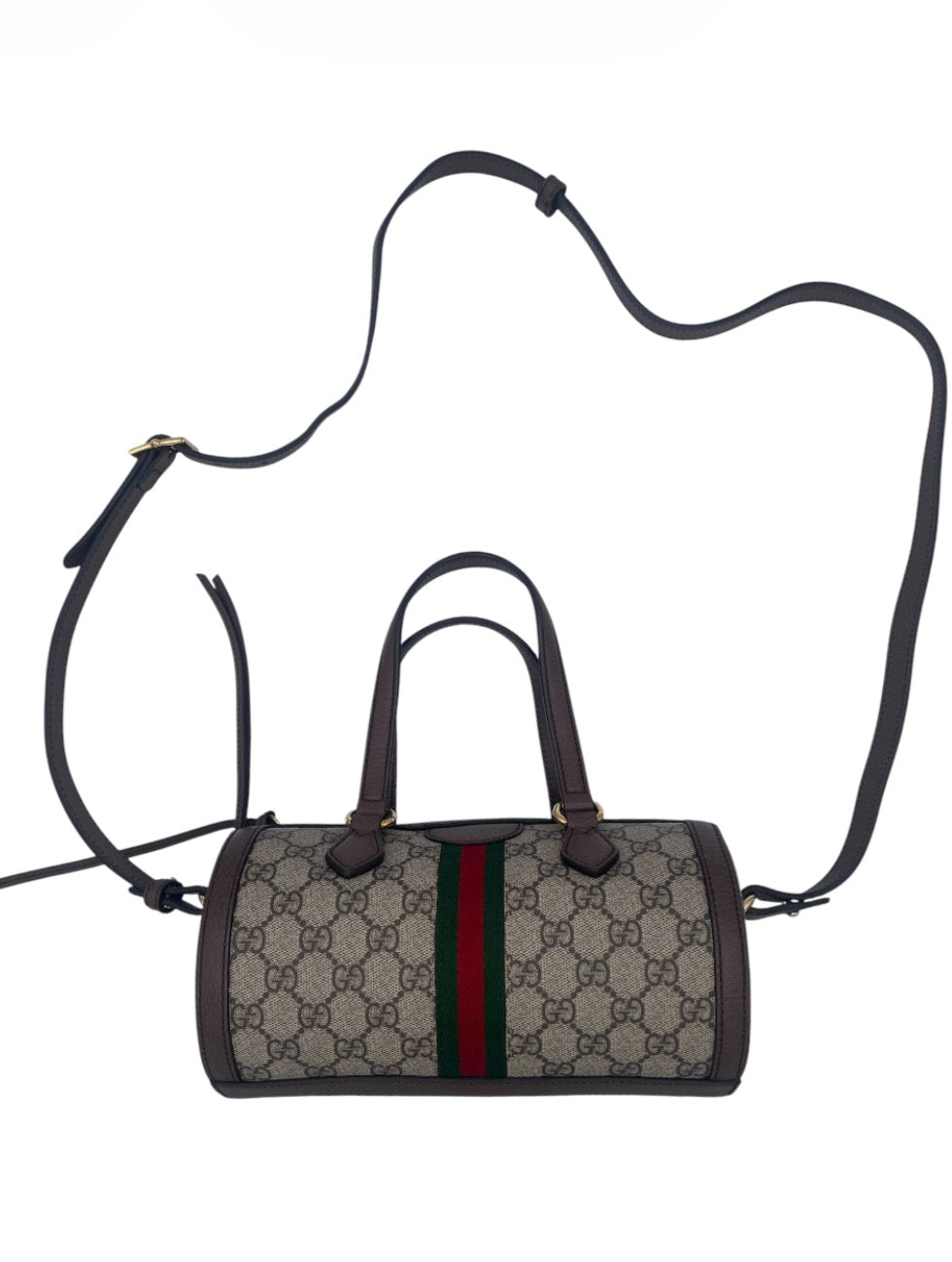 Gucci Ophidia GG Supreme Barrel Bag Web Stripe w/ Brown Leather Trim & Strap