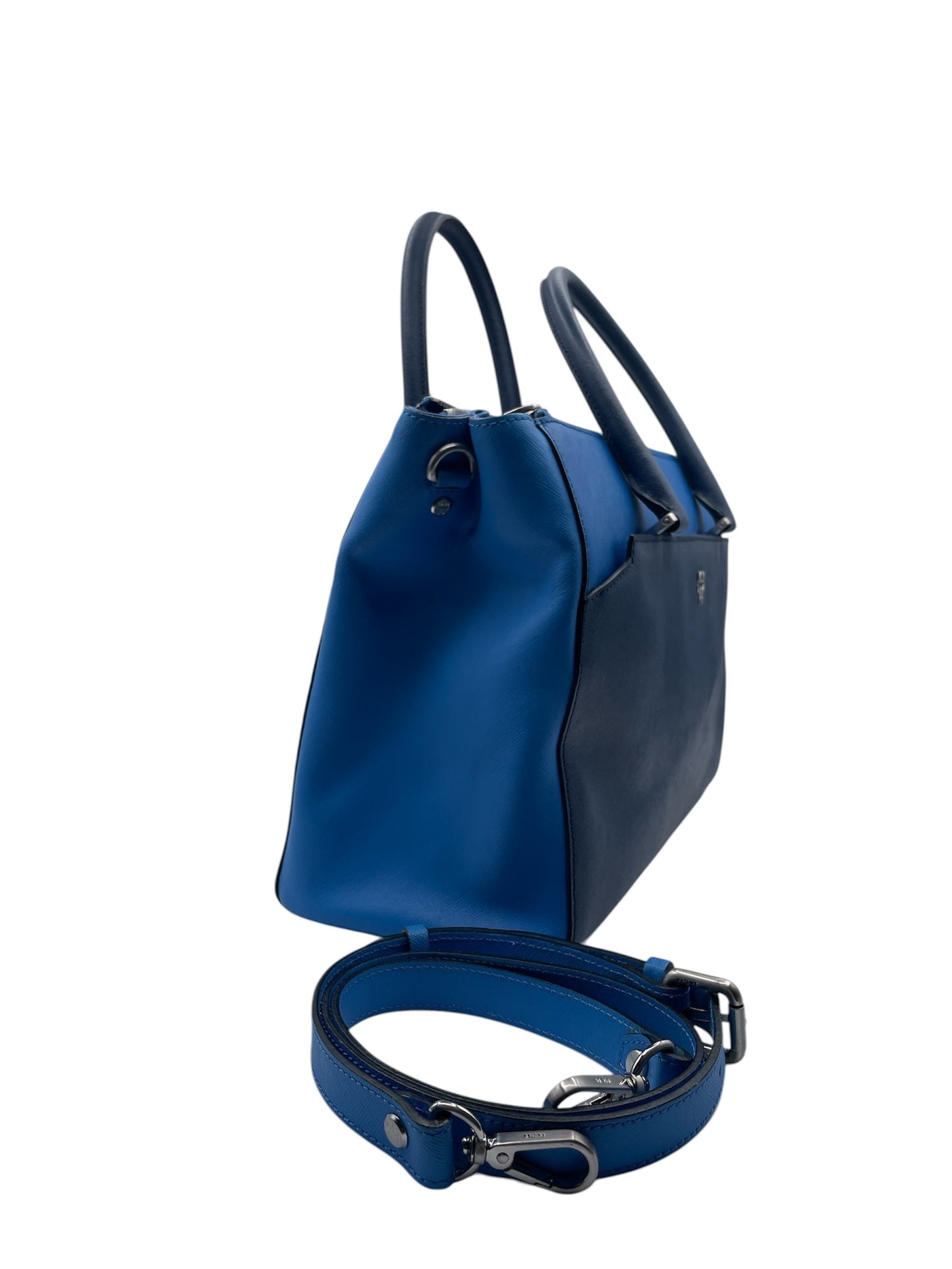 MCM Leather Structured Satchel Crossbody Bag – Blue Two-Tone