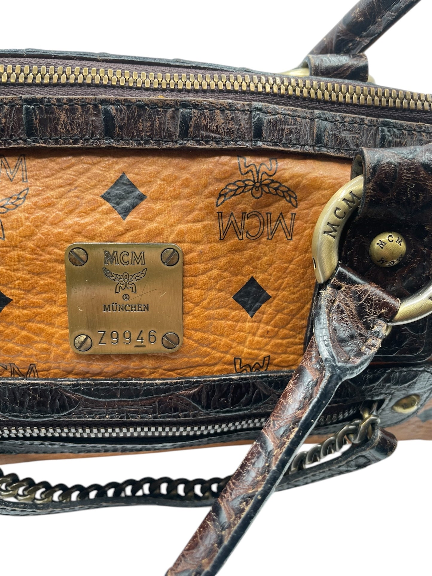 MCM Visetos Papillon Barrel Bag Monogram with Croc Embossed Leather & Chain Detail – Cognac