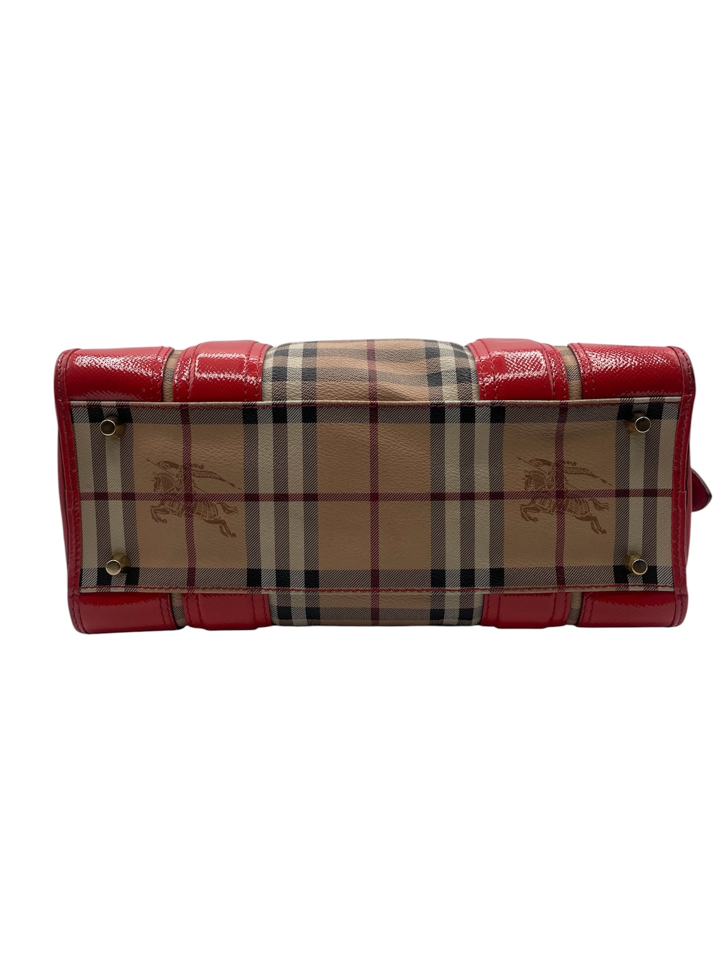 Burberry Haymarket Check Tote – Red Leather Trim & Gold Hardware