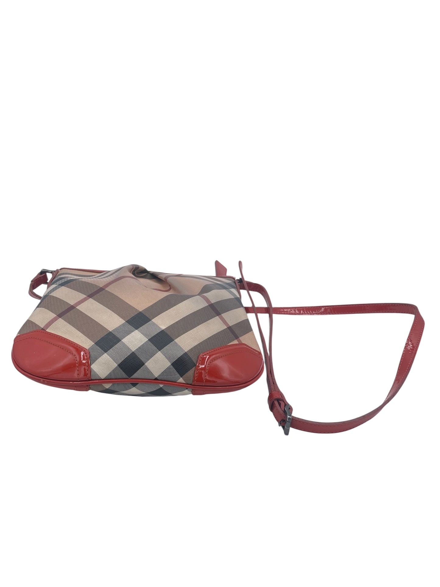 Burberry Nova Check Crossbody Bag Red Patent Leather Trim Shoulder Bag