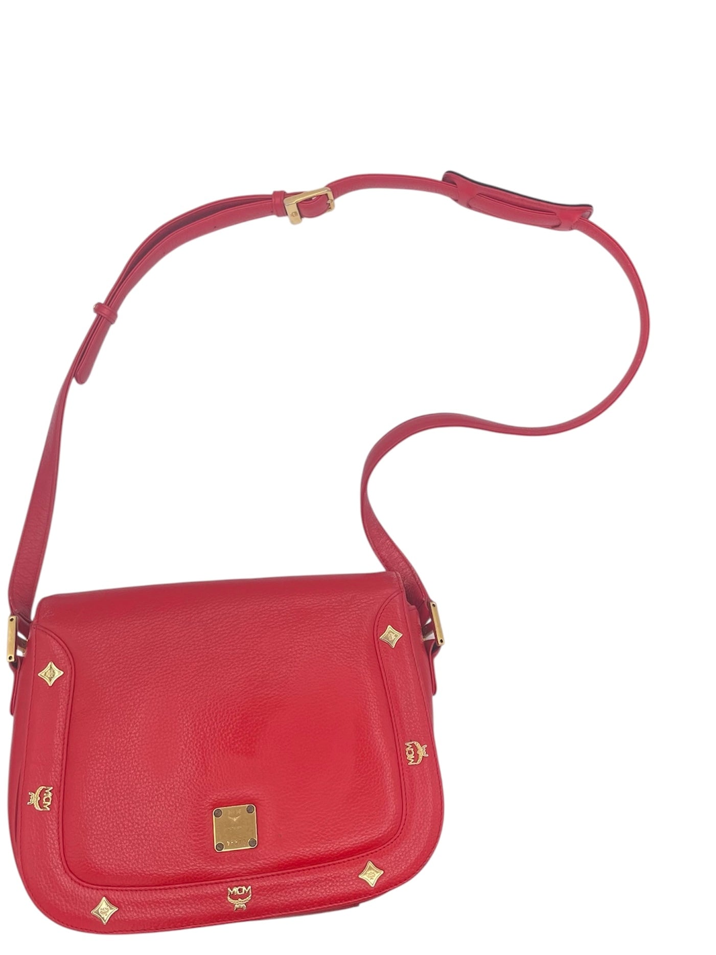 MCM Studded Leather Crossbody Shoulder Bag Gold Hardware Flap Style- Red