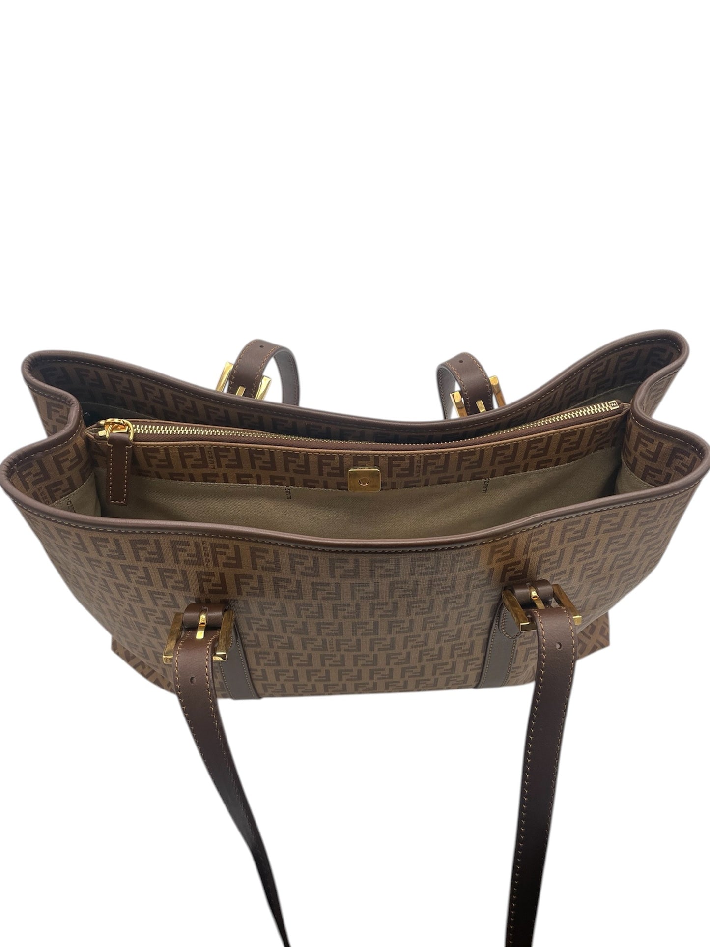 Fendi Zucca FF Canvas Tote w/ Brown Leather Trim