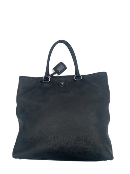 Prada Vitello Daino Large Leather Tote w/ Silver Hardware- Black