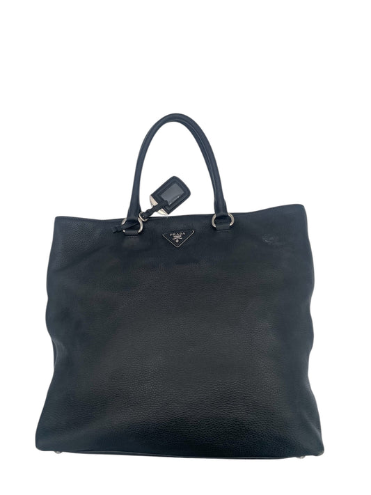 Prada Vitello Daino Large Leather Tote w/ Silver Hardware- Black