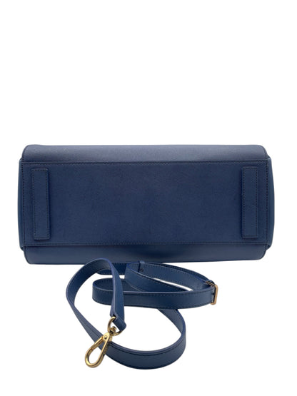 MCM Leather Satchel – Structured Designer Handbag with Gold Hardware - Navy Blue