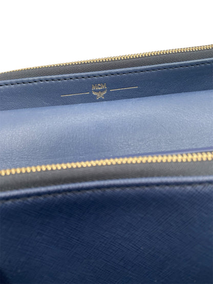 MCM Leather Satchel – Structured Designer Handbag with Gold Hardware - Navy Blue