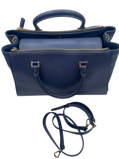 MCM Leather Satchel – Structured Designer Handbag with Gold Hardware - Navy Blue