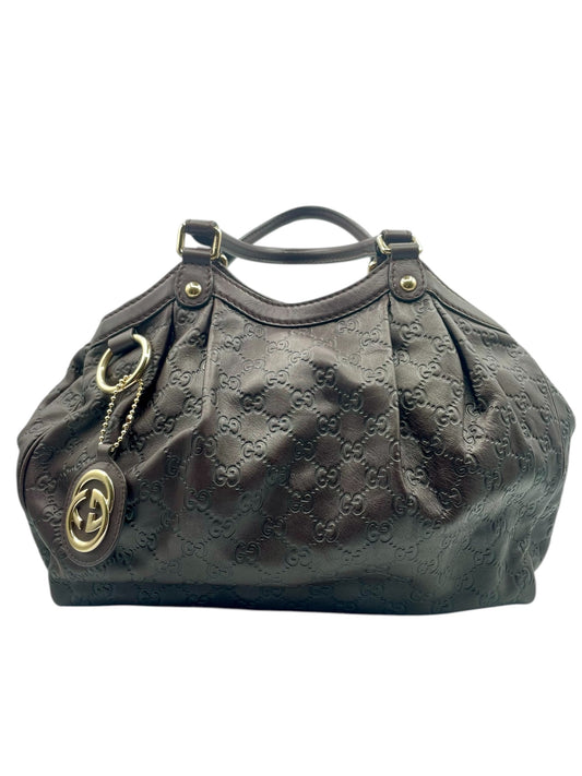 Gucci Guccissima Leather Tote – Gold Hardware & Signature Charm - Dark Brown