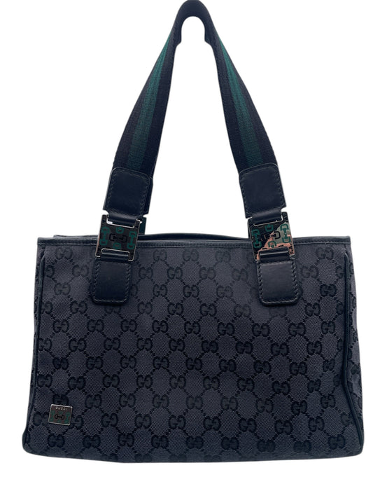 Gucci GG Canvas Tote with Web Stripe Handles – Dark Monogram & Structured Shape