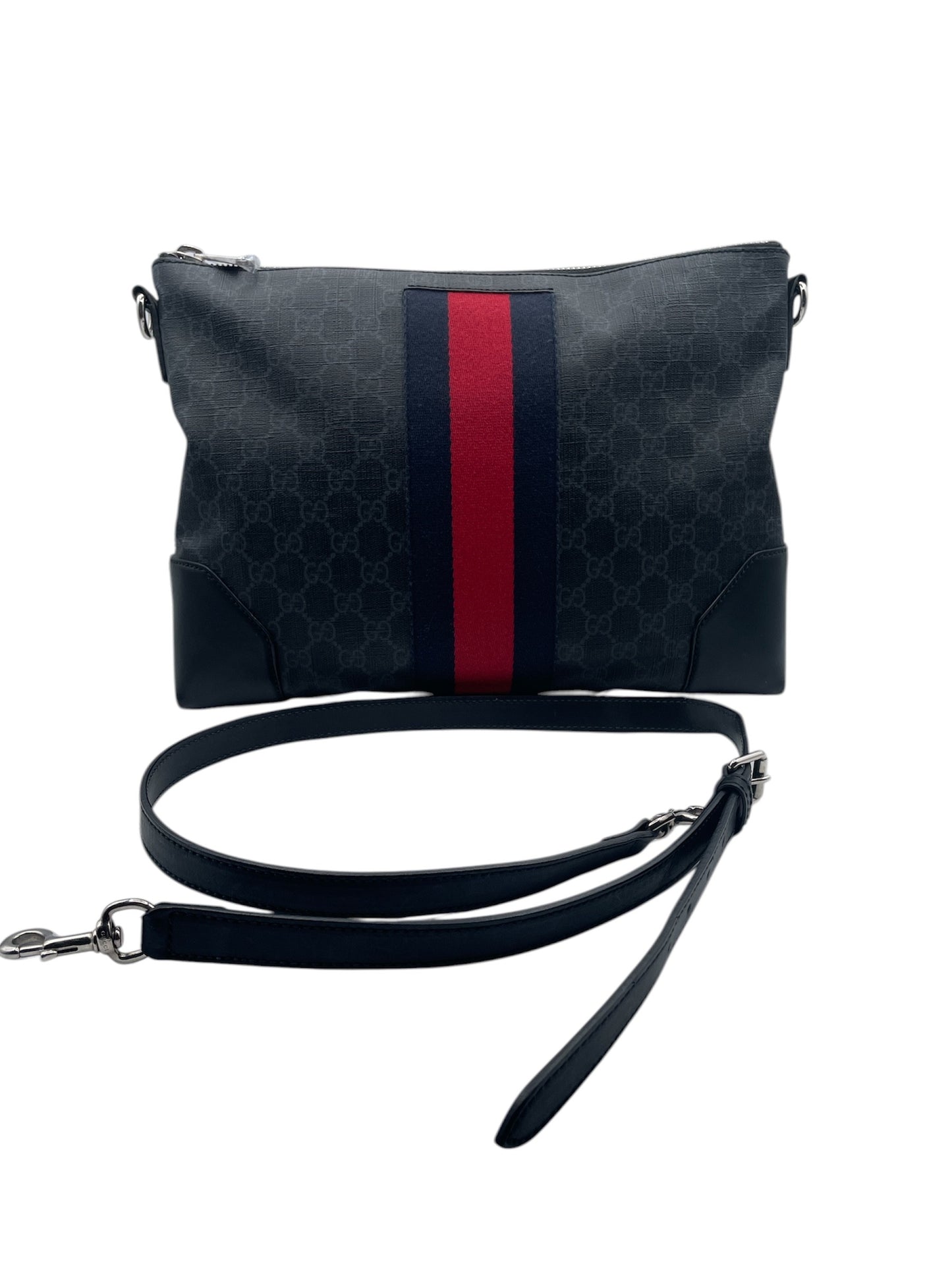 Gucci GG Supreme Crossbody Bag – Red & Navy Stripe, Black Leather Trim