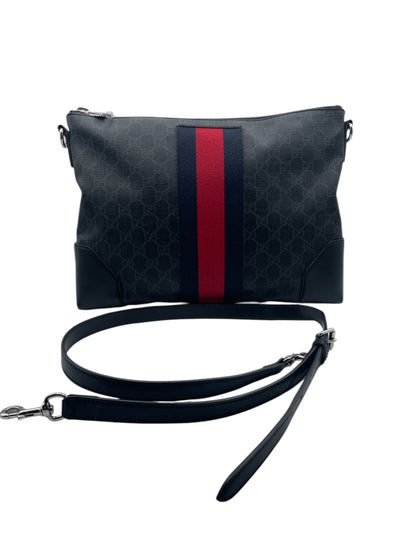 Gucci GG Supreme Crossbody Bag – Red & Navy Stripe, Black Leather Trim