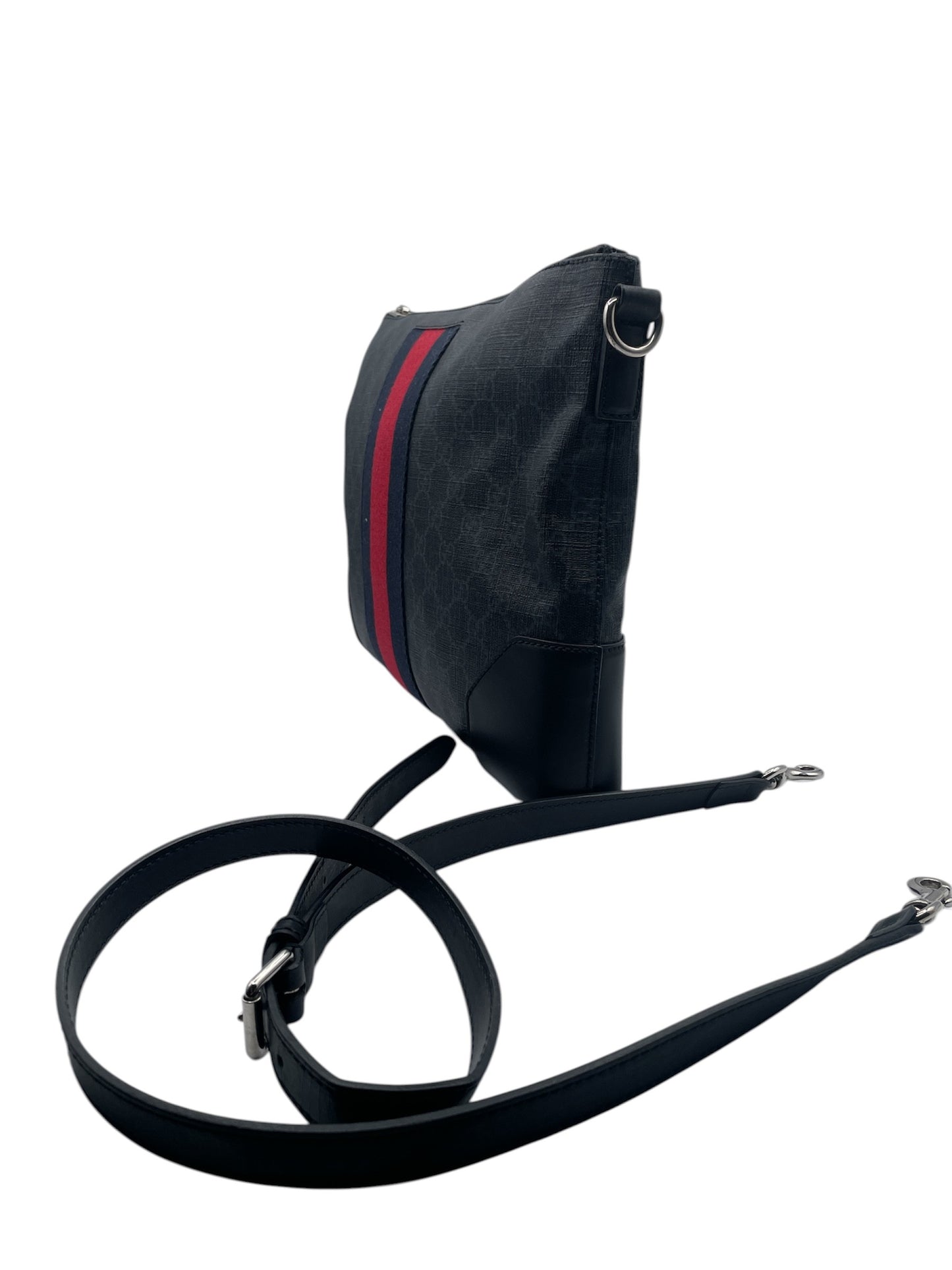 Gucci GG Supreme Crossbody Bag – Red & Navy Stripe, Black Leather Trim