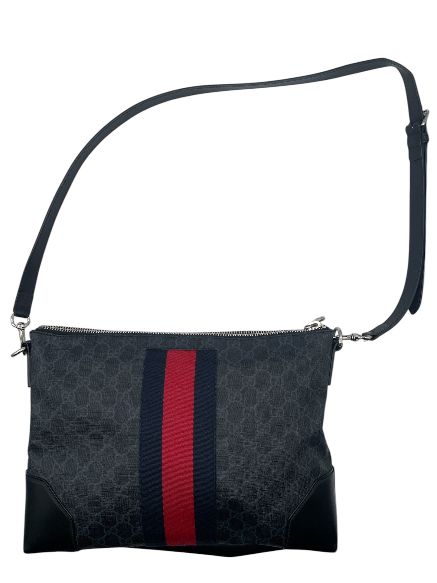 Gucci GG Supreme Crossbody Bag – Red & Navy Stripe, Black Leather Trim
