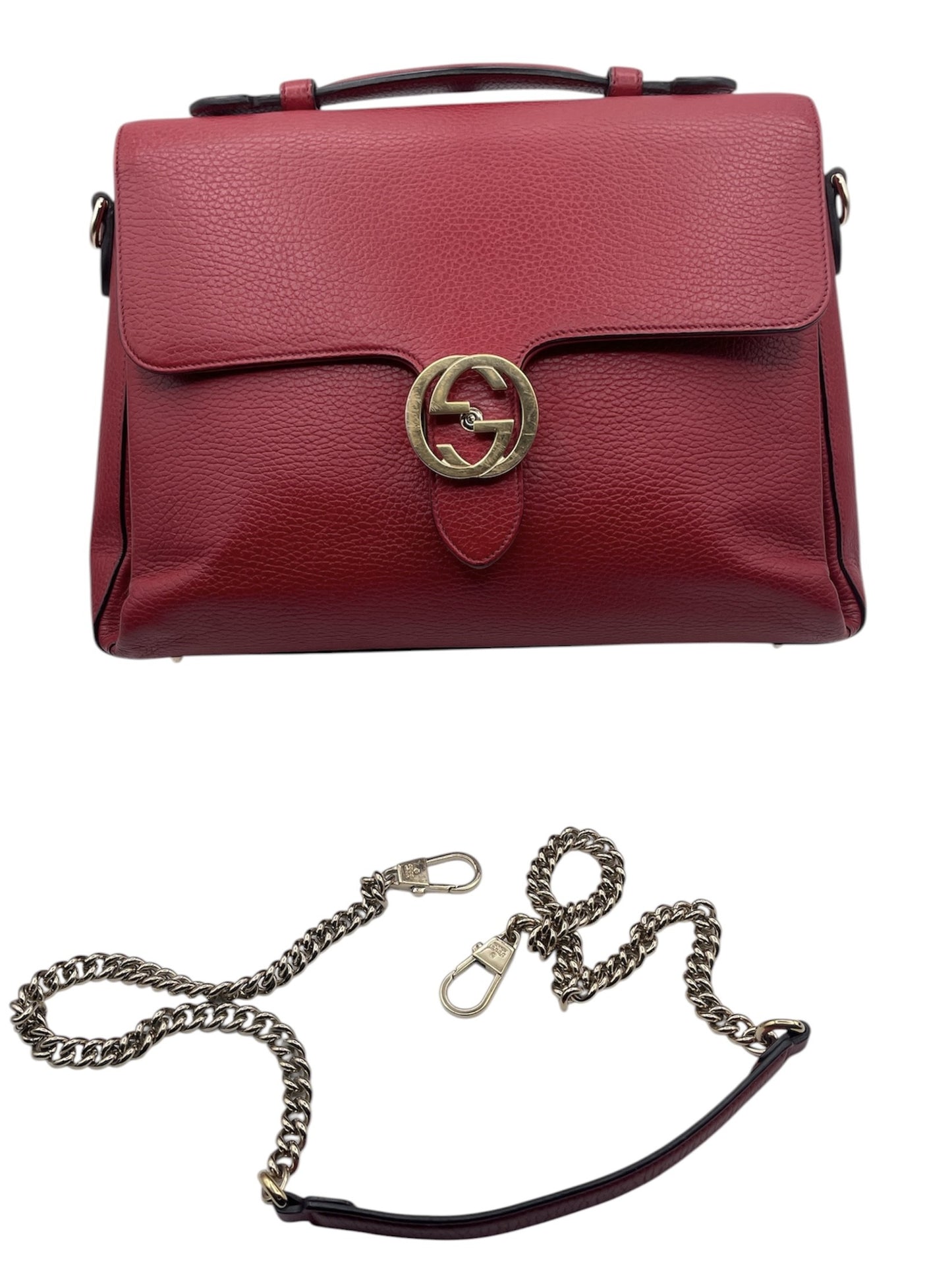 Gucci Pebbled Leather Shoulder Bag – Gold GG Clasp & Chain Strap - Red