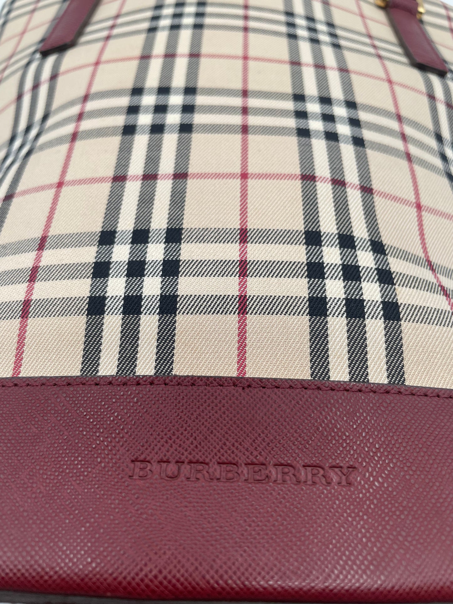 Burberry Classic Check Tote-  Burgundy Leather Trim