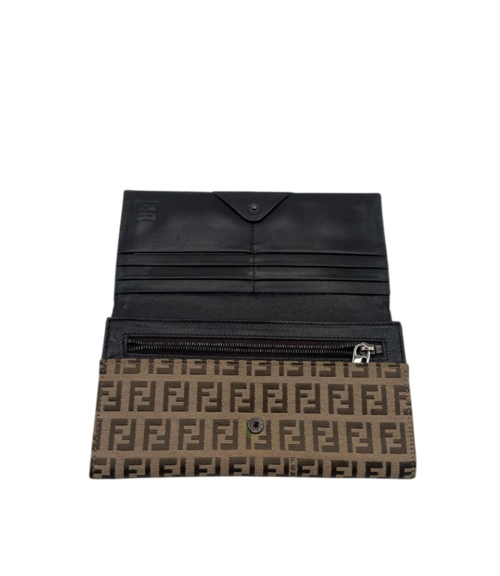 Fendi Zucca FF Continental Wallet- Brown Canvas & Black Leather