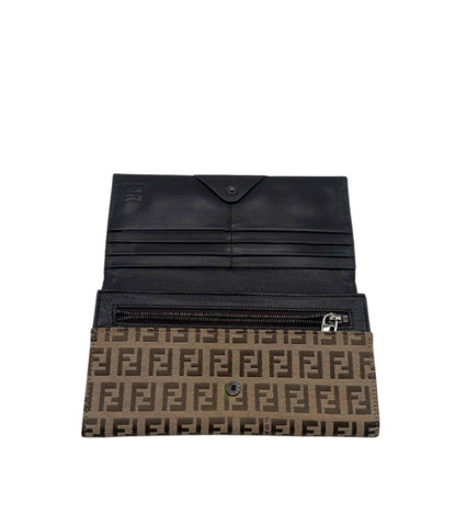 Fendi Zucca FF Continental Wallet- Brown Canvas & Black Leather