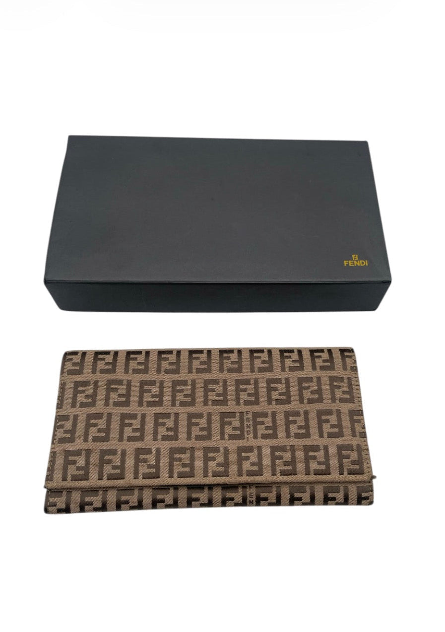 Fendi Zucca FF Continental Wallet- Brown Canvas & Black Leather