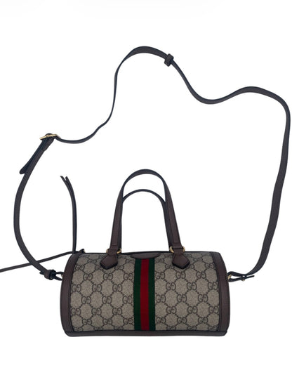 Gucci Ophidia GG Supreme Barrel Bag Web Stripe w/ Brown Leather Trim & Strap