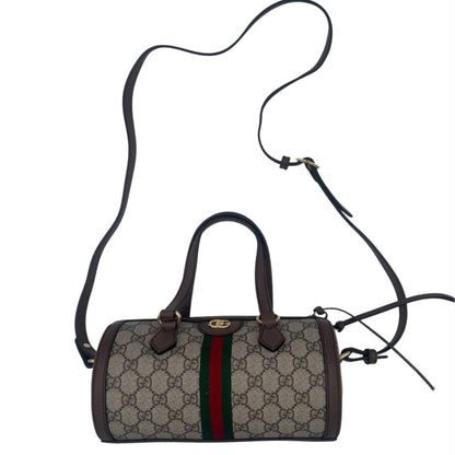 Gucci Ophidia GG Supreme Barrel Bag Web Stripe w/ Brown Leather Trim & Strap