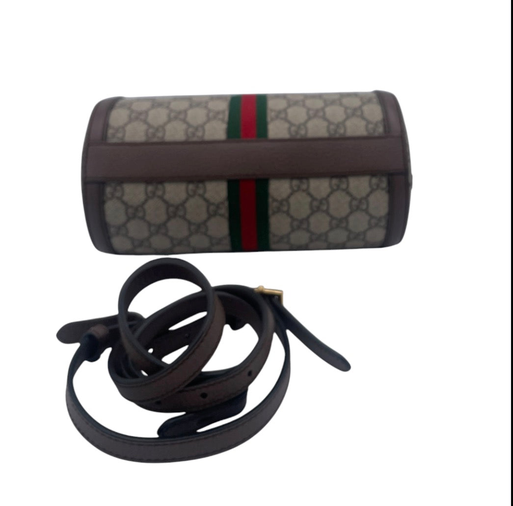 Gucci Ophidia GG Supreme Barrel Bag Web Stripe w/ Brown Leather Trim & Strap