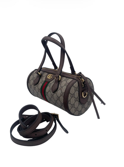 Gucci Ophidia GG Supreme Barrel Bag Web Stripe w/ Brown Leather Trim & Strap
