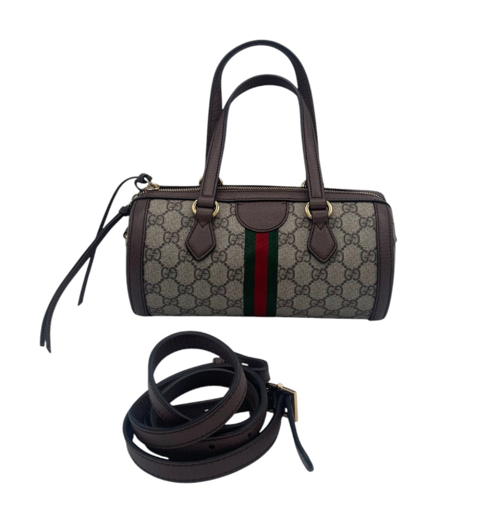 Gucci Ophidia GG Supreme Barrel Bag Web Stripe w/ Brown Leather Trim & Strap