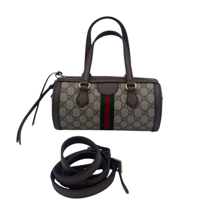 Gucci Ophidia GG Supreme Barrel Bag Web Stripe w/ Brown Leather Trim & Strap
