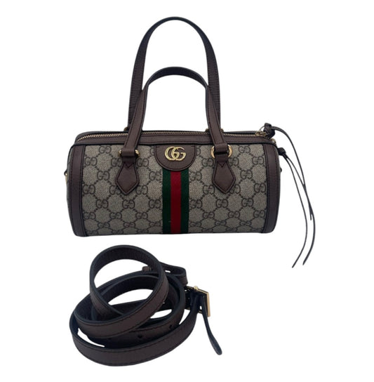 Gucci Ophidia GG Supreme Barrel Bag Web Stripe w/ Brown Leather Trim & Strap
