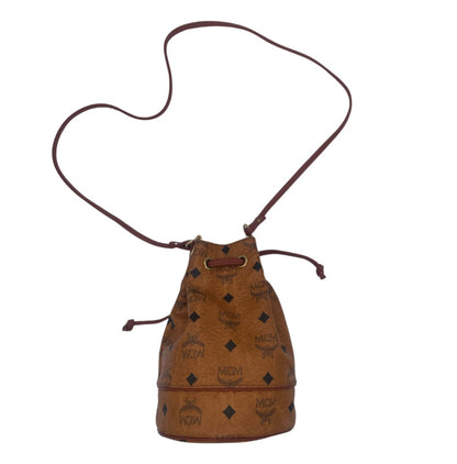 MCM Visetos Drawstring Bucket Bag Cognac w/ Gold Hardware