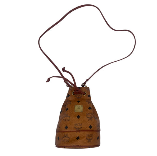 MCM Visetos Drawstring Bucket Bag Cognac w/ Gold Hardware