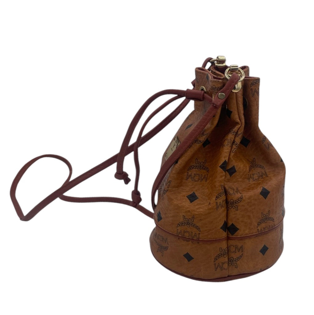 MCM Visetos Drawstring Bucket Bag Cognac w/ Gold Hardware