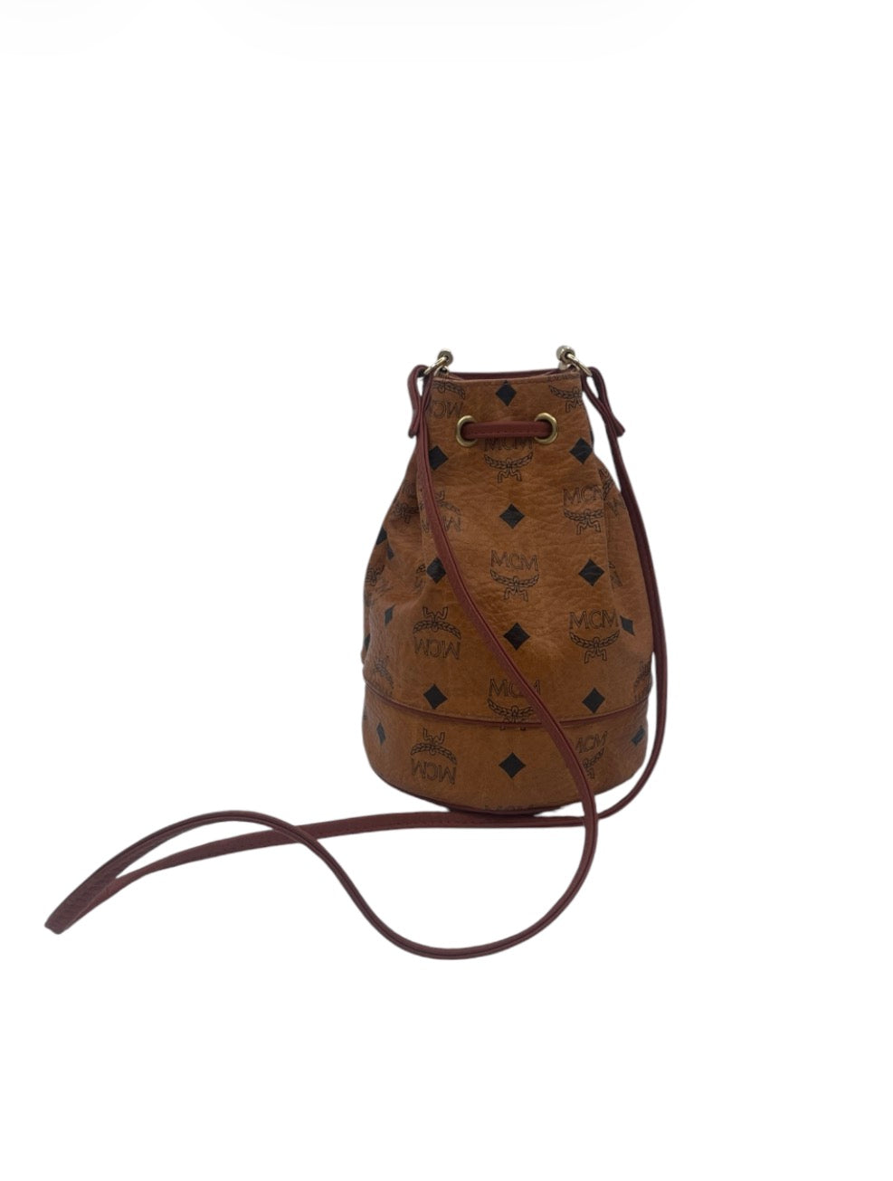 MCM Visetos Drawstring Bucket Bag Cognac w/ Gold Hardware