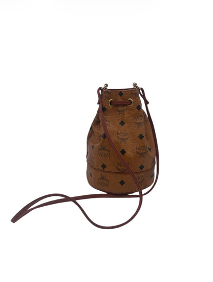 MCM Visetos Drawstring Bucket Bag Cognac w/ Gold Hardware