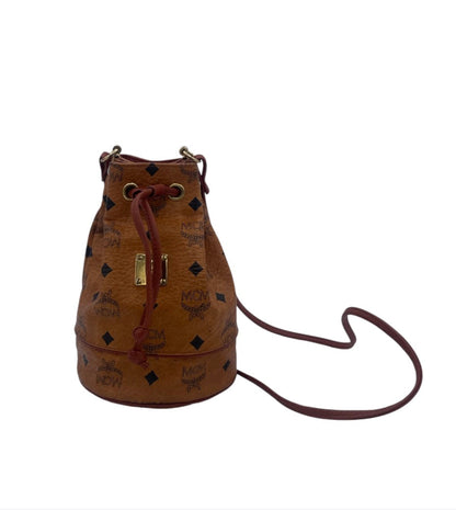 MCM Visetos Drawstring Bucket Bag Cognac w/ Gold Hardware