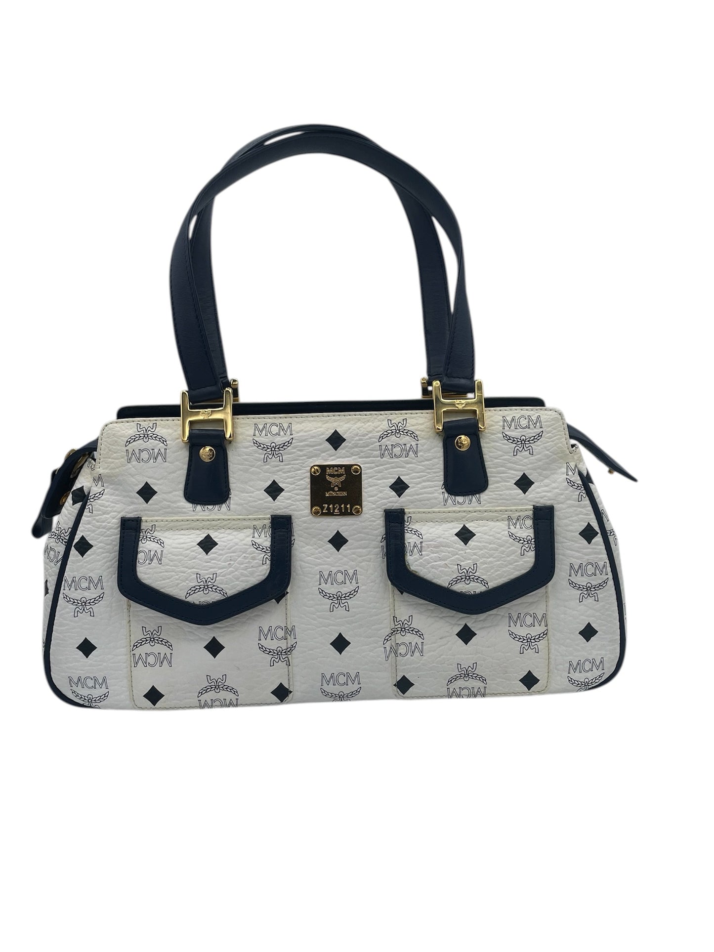 MCM Visetos Monogram Dual Front Pocket- White and Navy