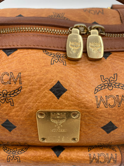 MCM Visetos Boston Bag Vintage Monogram Satchel Bowler Handbag- Cognac