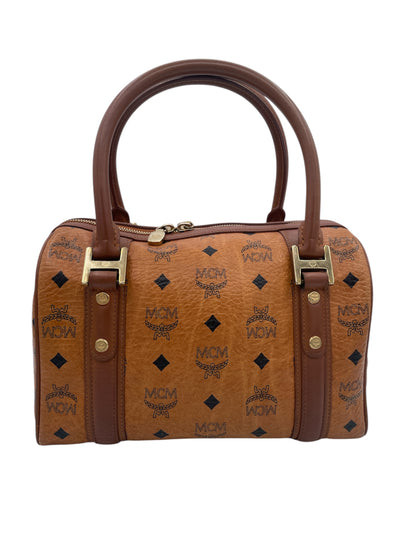 MCM Visetos Boston Bag Vintage Monogram Satchel Bowler Handbag- Cognac