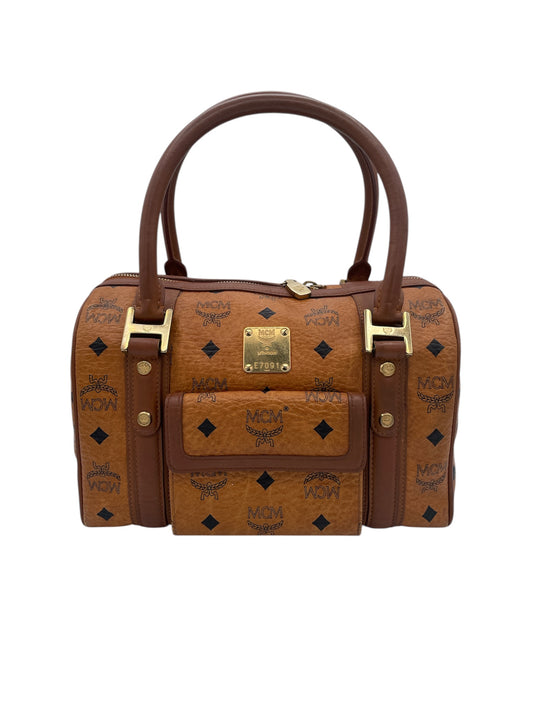 MCM Visetos Boston Bag Vintage Monogram Satchel Bowler Handbag- Cognac