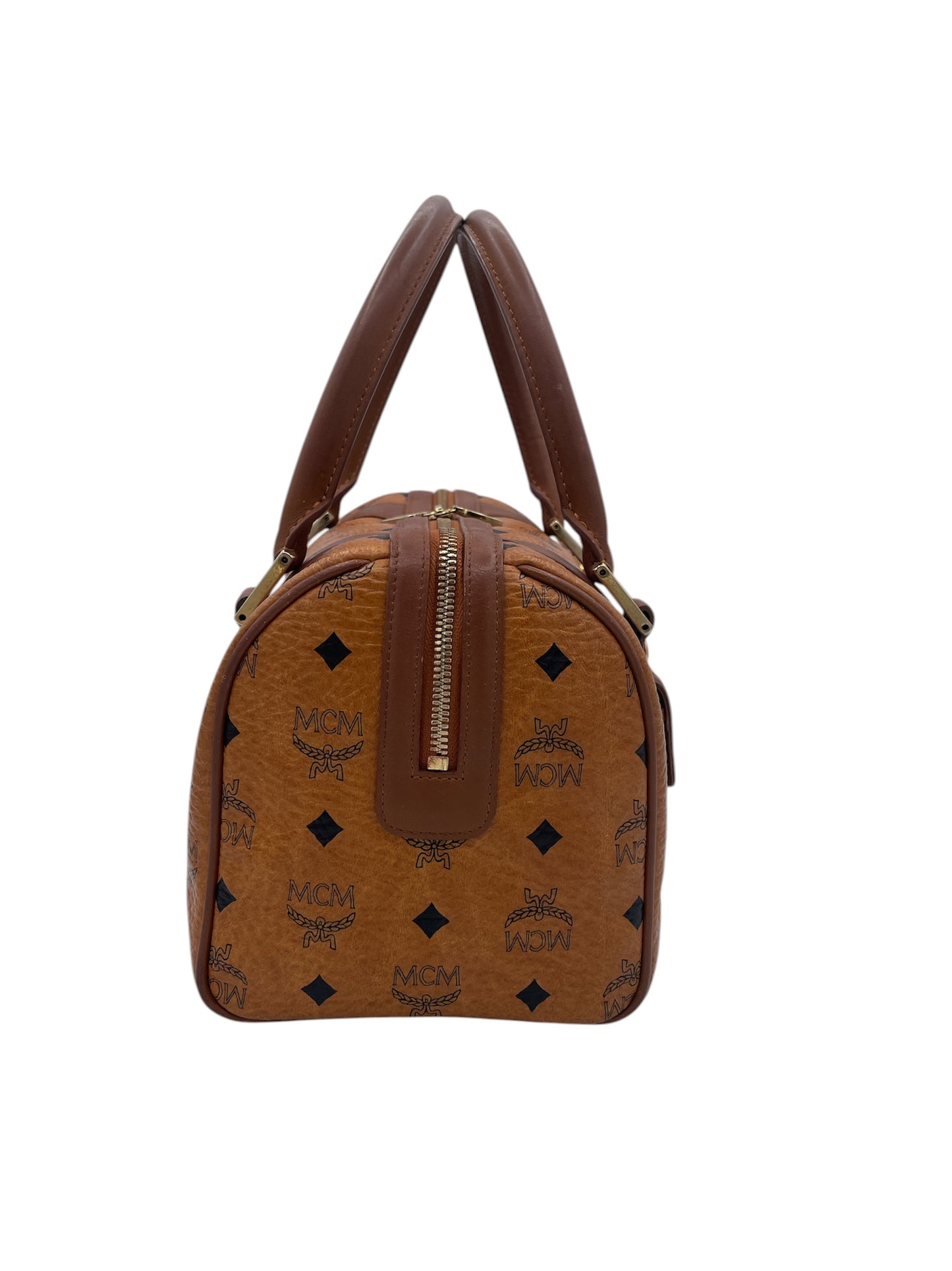 MCM Visetos Boston Bag Vintage Monogram Satchel Bowler Handbag- Cognac