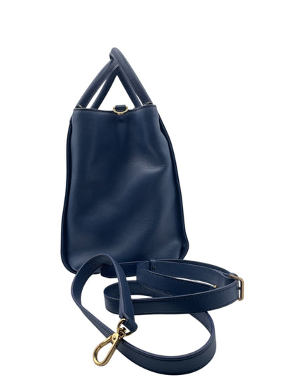 MCM Leather Satchel – Structured Designer Handbag with Gold Hardware - Navy Blue