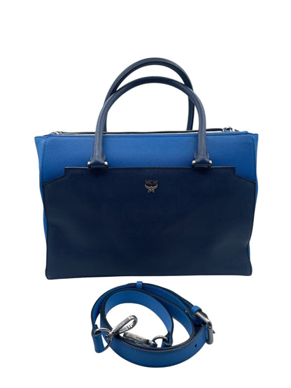 MCM Leather Structured Satchel Crossbody Bag – Blue Two-Tone