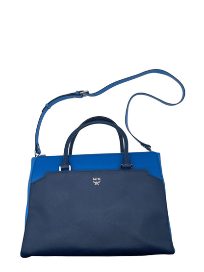 MCM Leather Structured Satchel Crossbody Bag – Blue Two-Tone