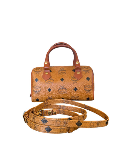 MCM Mini Boston Bag in Cognac Visetos w/ Crossbody Strap