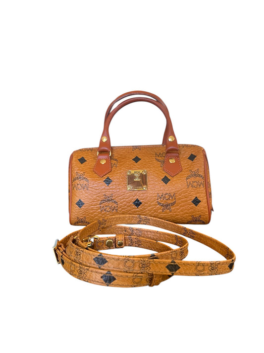 MCM Mini Boston Bag in Cognac Visetos w/ Crossbody Strap