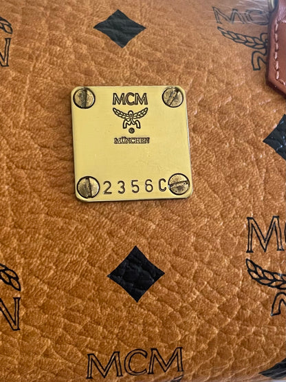 MCM Mini Boston Bag in Cognac Visetos w/ Crossbody Strap