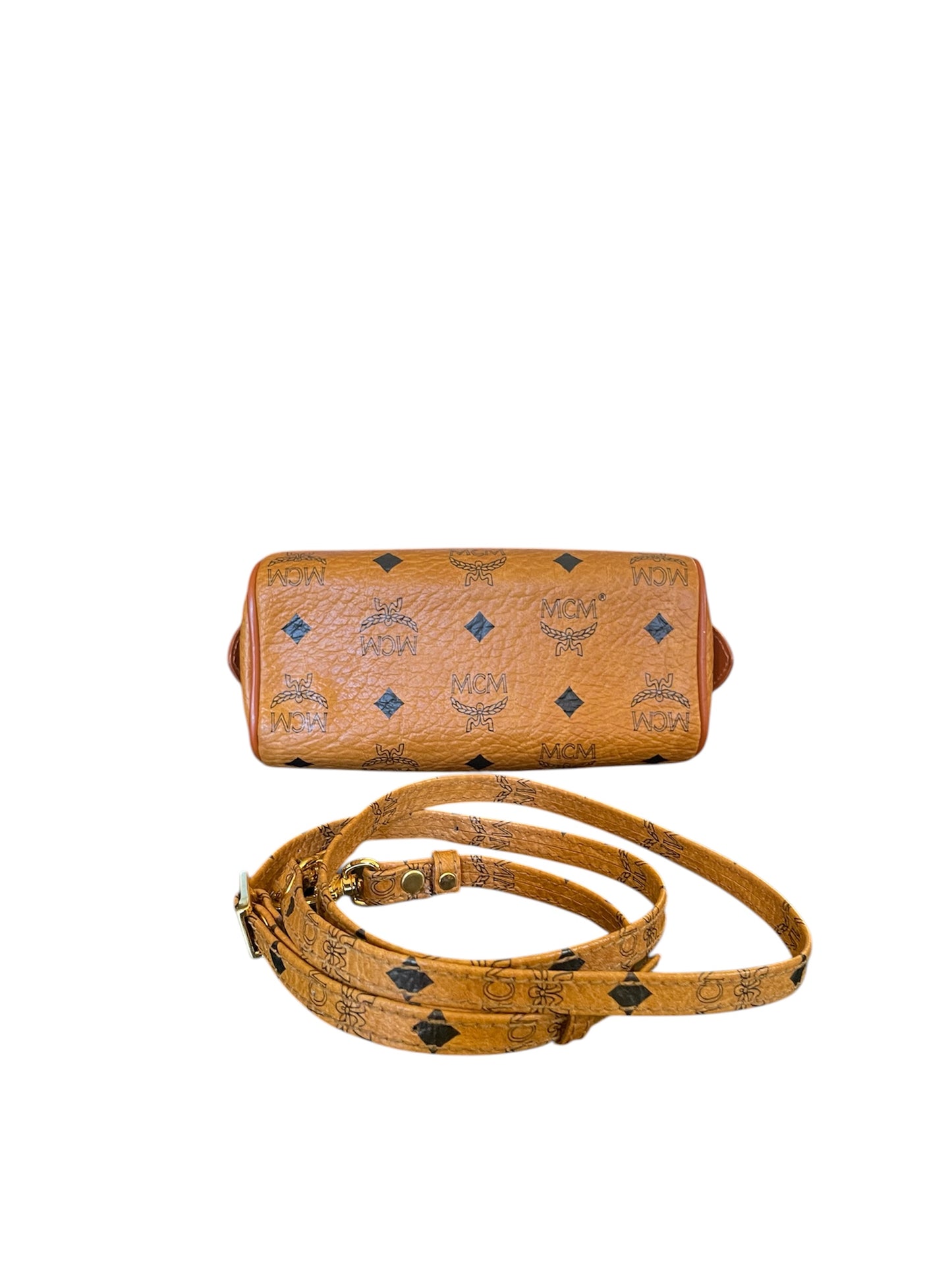 MCM Mini Boston Bag in Cognac Visetos w/ Crossbody Strap