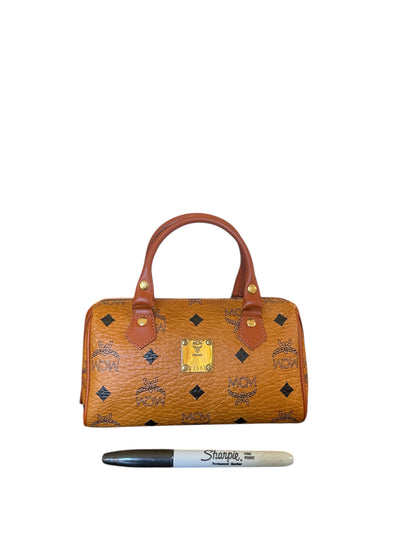 MCM Mini Boston Bag in Cognac Visetos w/ Crossbody Strap